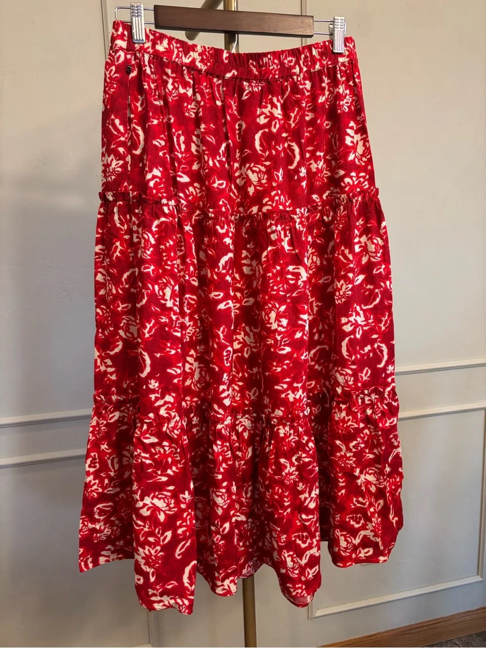 1. STATE  Maxi Skirt Linen Blend Red Floral Tiered MSRP $89